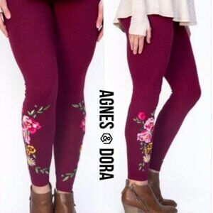 Agnes & Dora Floral Embroidered flower Leggings Plum Cotton Blend Size xS